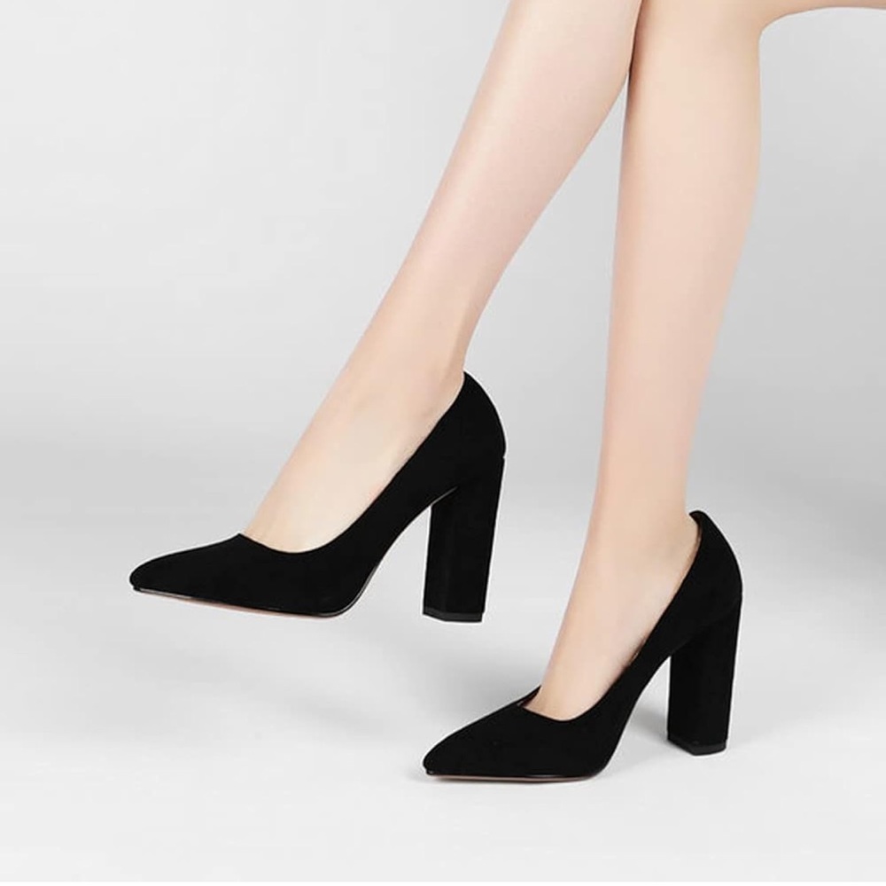 Chunky Pumps Pointed Toe Suede Closed Toe Sandals 4” Block Heel Slip On - Picture 4 of 5